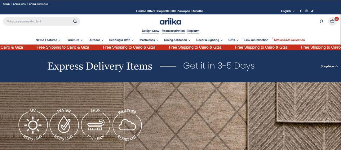 ariika.com homepage — hero banner and trust badges
