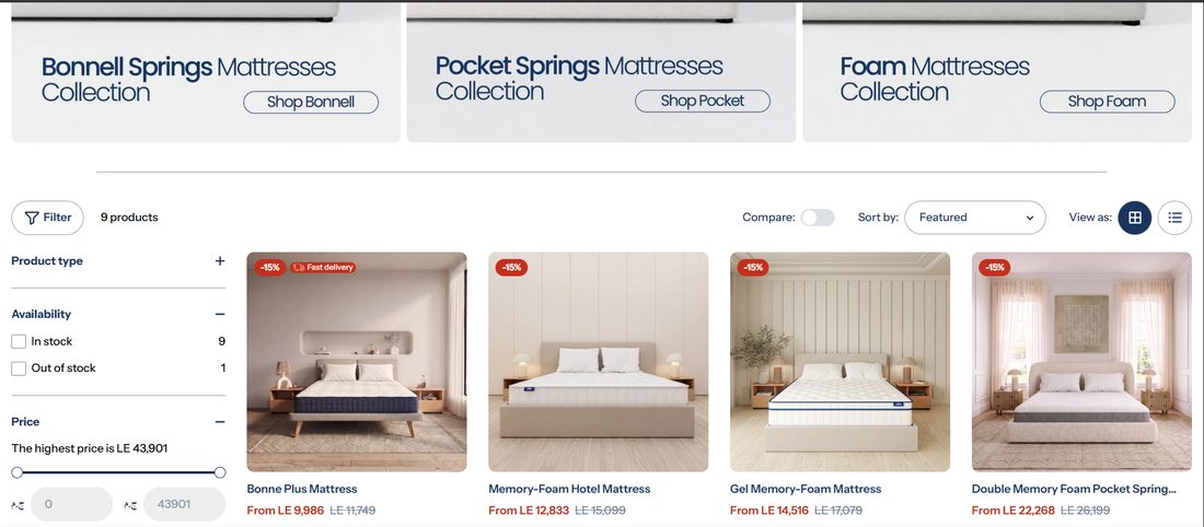 Mattresses collection page with filters and fast-delivery badges