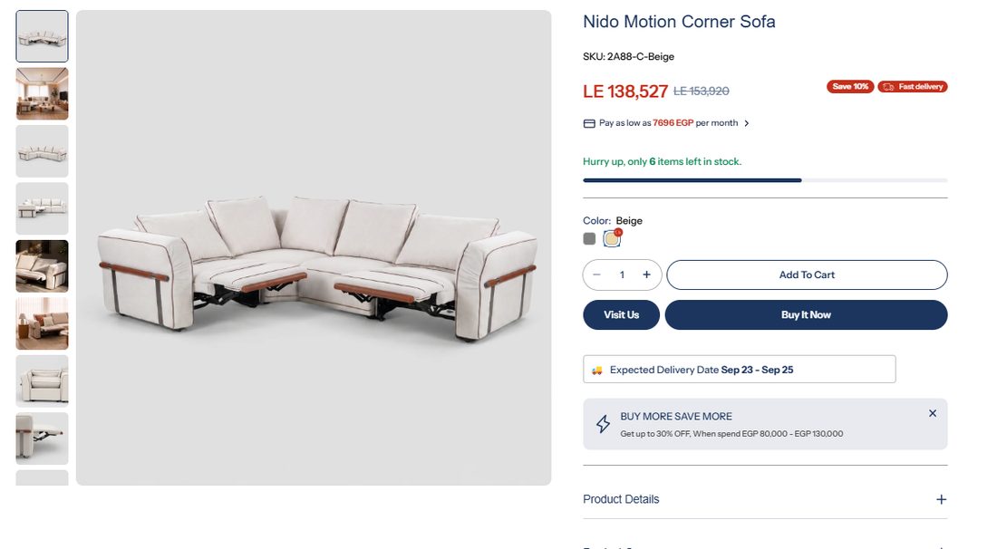 Product page for the Nido Motion Corner Sofa with financing and fast delivery